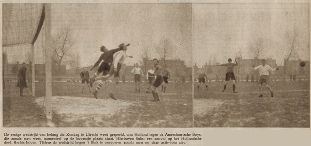 874555 Collage van 2 foto's betreffende de voetbalwedstrijd tussen Holland (Utrecht) en de Amersfoortsche Boys, die ...